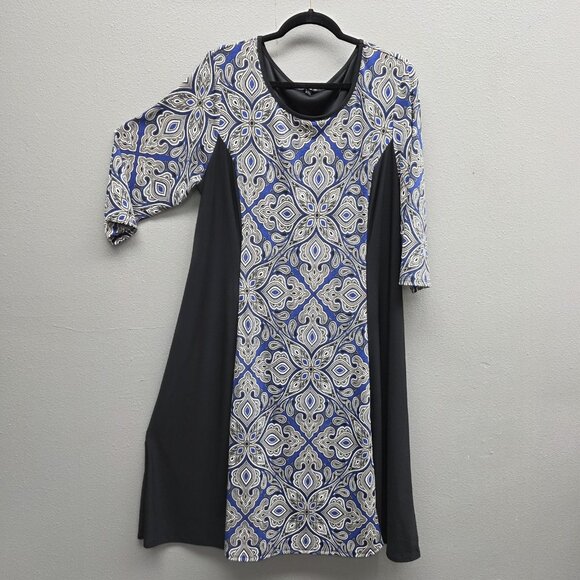 Sami & Jo Dress Womens 2X Blue Black White Geometric Print Stretch 3/4 Sleeve - Picture 1 of 9